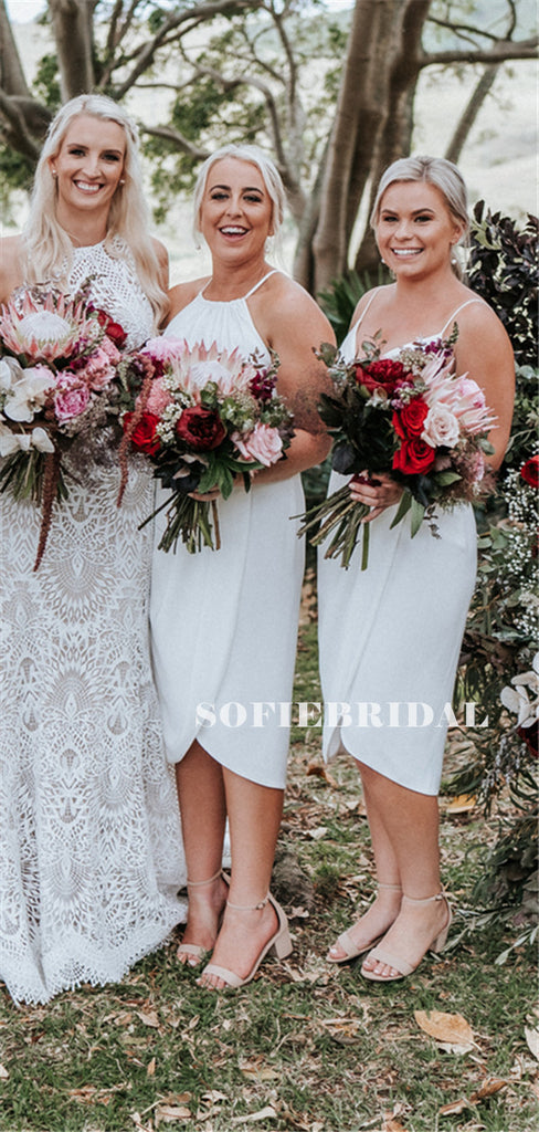 Sheath Spahetti Straps Hlater Sleeveless Short Bridesmaid Dresses With Split, BD1100