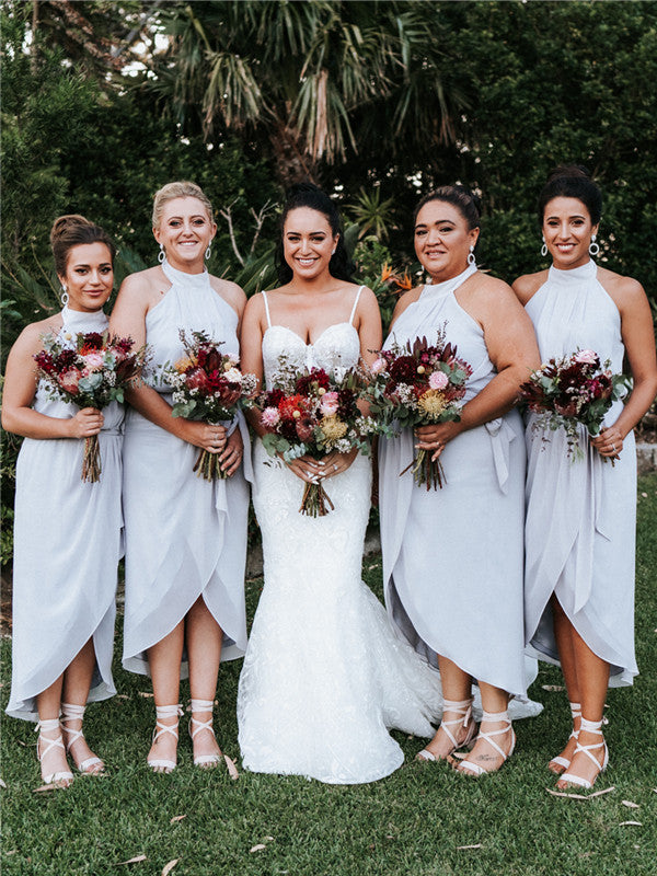 Sheath Halter Sleeveless Short Chiffon Bridesmaid Dresses With Split, BD1106