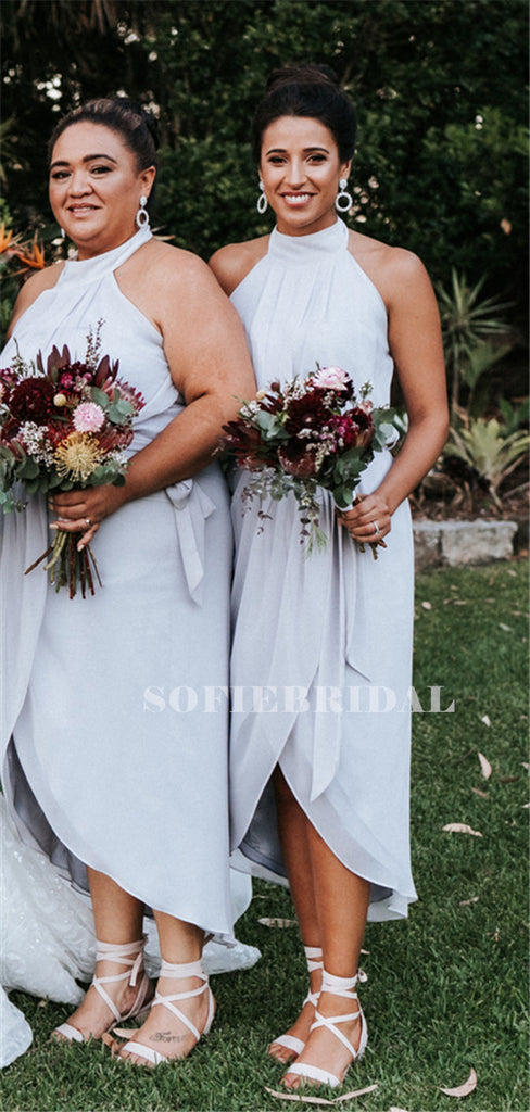 Sheath Halter Sleeveless Short Chiffon Bridesmaid Dresses With Split, BD1106