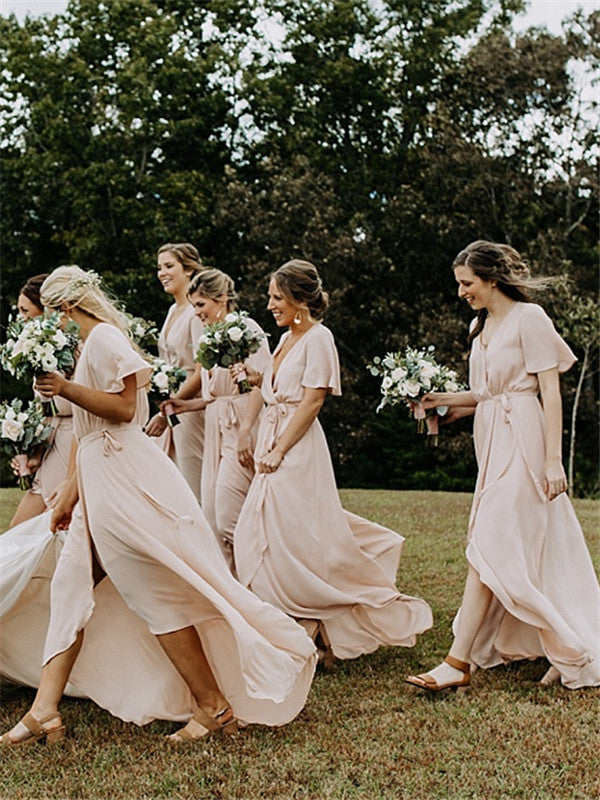 Sheath V-neck Short Sleeves Long  Bridesmaid Dresses With Slit, BD1113