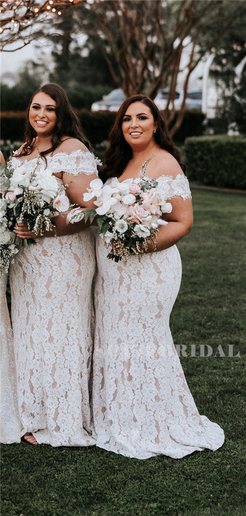 Mermaid Off-shoulder Sleeveless Lace Long Bridesmaid Dresses, BD1116