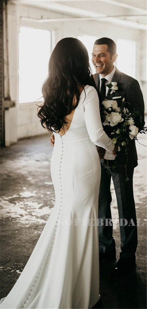Mermaid Beaut Neck Long Sleeves Backless Wedding Dresses, WD0511