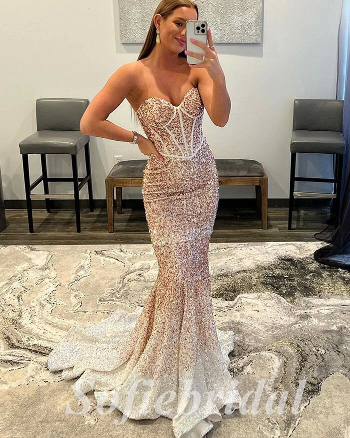Sexy Gradient Sequin Sweetheart Sleeveless Mermaid Long Prom Dresses,PD0794