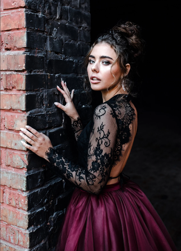 Two Pieces Black Lace Top And Tulle Burgundy Bottom Long Sleeves Open Back Wedding Dresses,SFWD0057