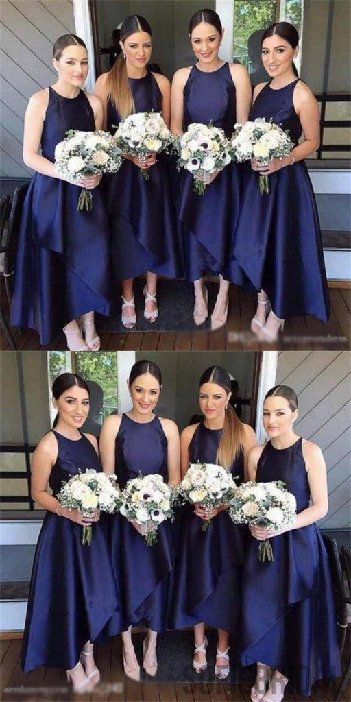 A-line Sleeveless Round Neck Simple Navy Blue Bridesmaid Dresses, BD0571