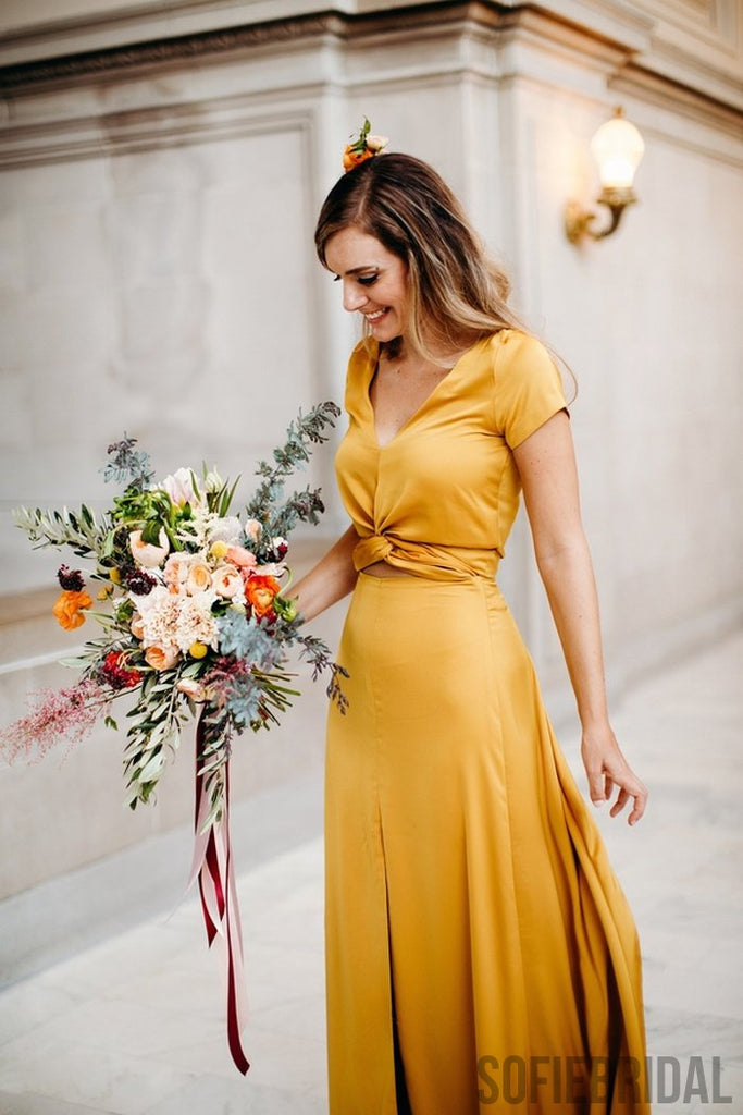 Newest Sheath V-neck Short Sleeves Long Bridesmaid Dresses With Split, BD1058