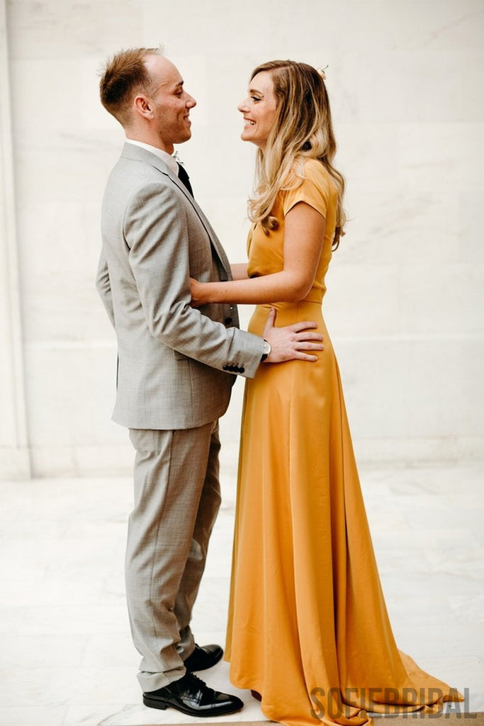 Newest Sheath V-neck Short Sleeves Long Bridesmaid Dresses With Split, BD1058