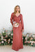 Rust Satin V-Neck Long Sleeves Column Floor Length Long Bridesmaid Dresses, SFWG00420