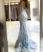 Elegant Blue Lace Spaghetti Straps Sleeveless Mermaid Long Prom Dresses,SFPD0320