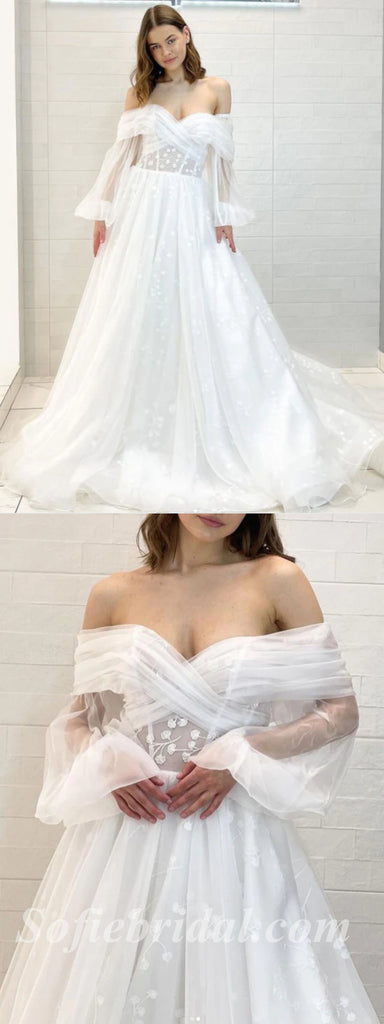 Elegant Off Shoulder Long Sleeves V-Neck A-Line Long Wedding Dresses,SFWD0074