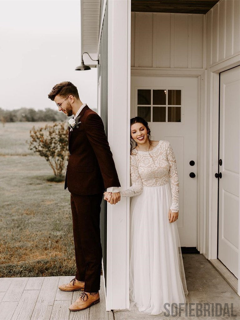 Modest A-line Full Lace Sleeves Backless Long Tulle Wedding Dresses, WD0468