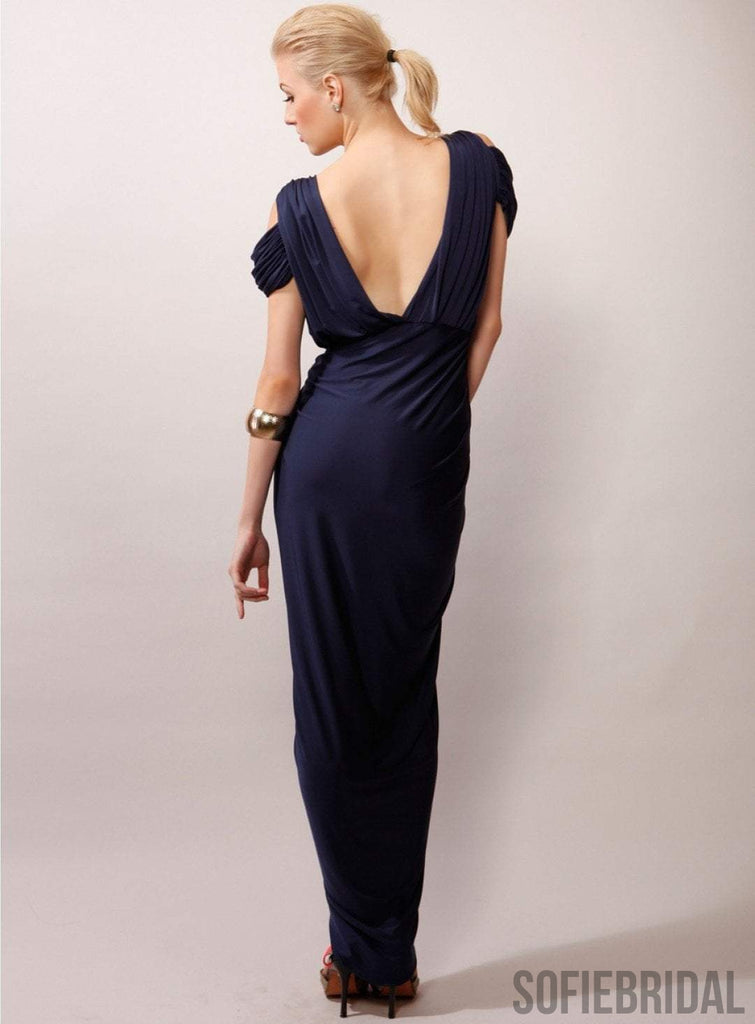 V-neck Boho Navy Jersey Beach Wedding Bridesmaid Dresses, Cheap Popular Bridesmaid Dresses, PD0310