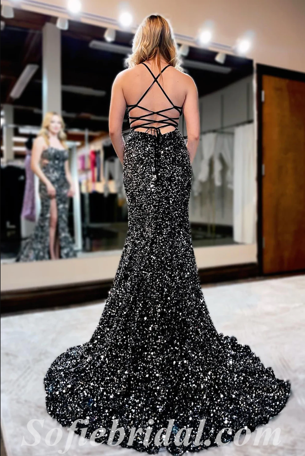 Sexy Black Sequin Spaghetti Straps Square Sleeveless Lace Up Back Mermaid Long Prom Dresses With Side Slit,SFPD0490