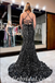 Sexy Black Sequin Spaghetti Straps Square Sleeveless Lace Up Back Mermaid Long Prom Dresses With Side Slit,SFPD0490