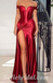 Sexy Rust Satin Off Shoulder V-Neck Sleeveless Side Slit Sheath Long Prom Dresses ,SFPD0502