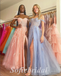 Sexy Tulle And Lace Off Shoulder Sleeveless Side Slit A-Line Long Prom Dresses,SFPD0627