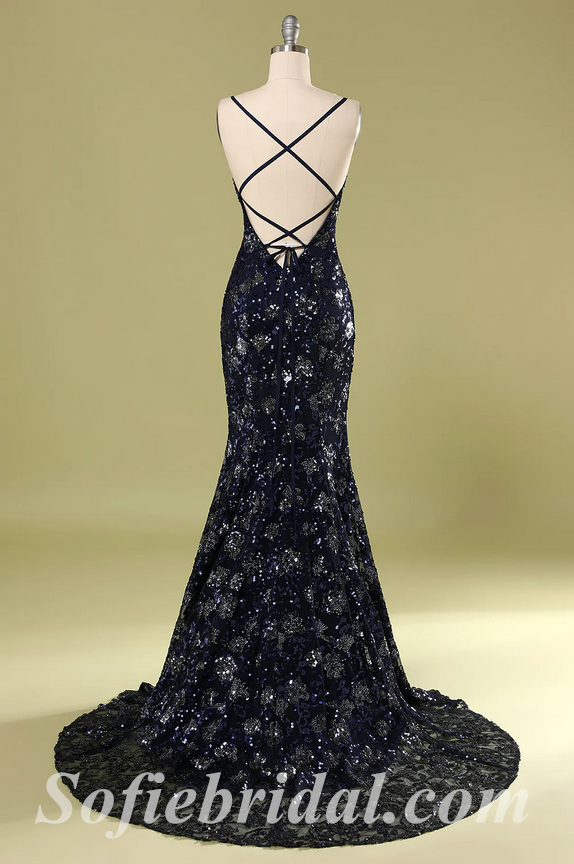 Sexy Special Fabric Spaghetti Straps V-Neck Criss-Cross Lace Up Back Mermaid Long Prom Dresses,SFPD0417