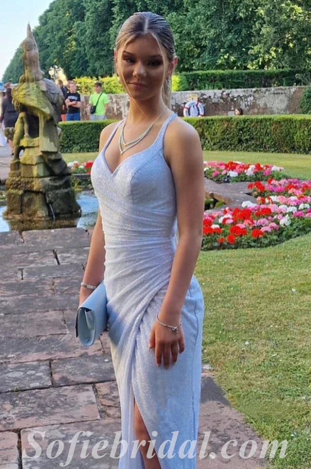 Charming Sequin Spaghetti Straps Sleeveless Criss Cross Mermaid Long Prom Dresses With Split,SFPD0487