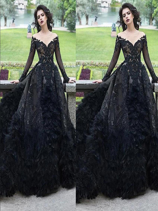 Black Scoop Neckline Long Sleeve V-Neck With Appliques Prom Dresses,SFPD0189