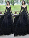 Black Scoop Neckline Long Sleeve V-Neck With Appliques Prom Dresses,SFPD0189