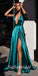 Sexy Soft Satin Spaghetti Straps Deep V-Neck Sleeveless Side Slit A-Line Long Prom Dresses,PD0771