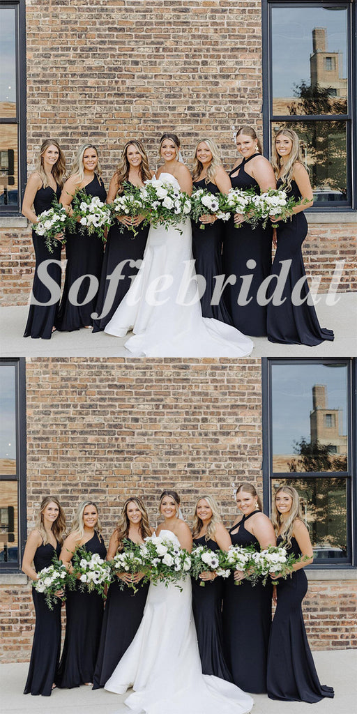 Mismatched Black Soft Satin Sleeveless Mermaid Floor Length Bridesmaid Dresss,SFWG00496