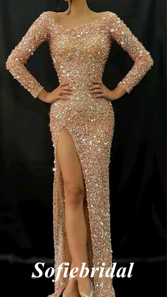 Sexy Sequin V-Neck Long Sleeve Side Slit Mermaid Long Prom Dresses,SFPD0733