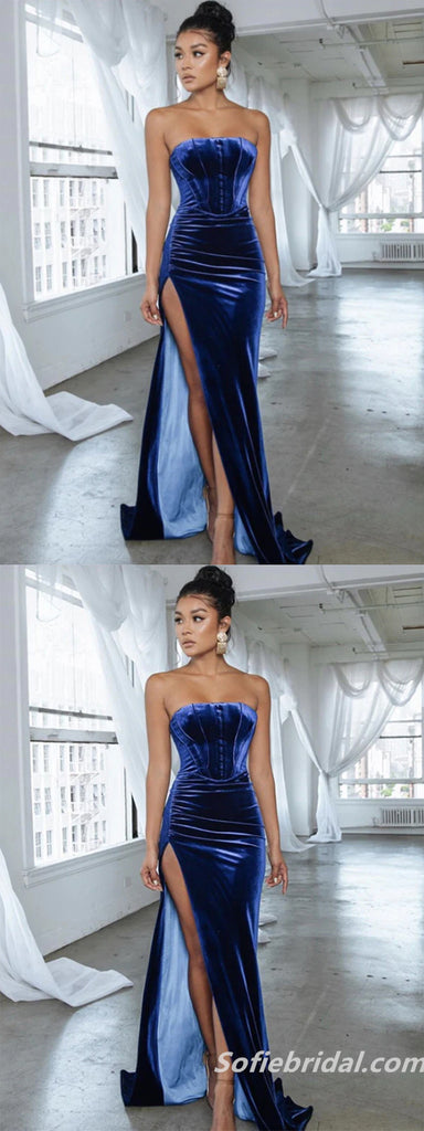 Simple Royal Blue Velvet Strapless Long Prom Dresses With Split,SFPD0213