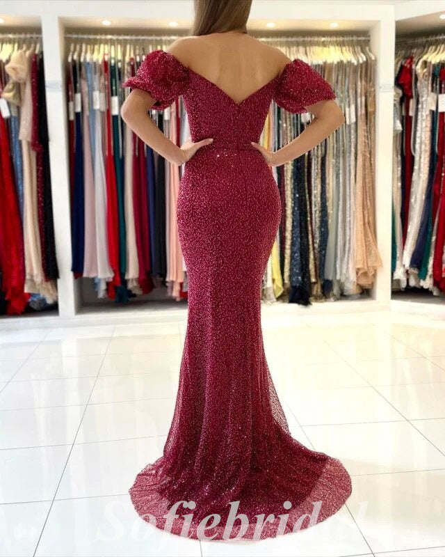 Sexy Special Tulle Off Shoulder V-Neck Sleeveless Side Slit Mermaid Long Prom Dresses,PD0751