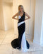 Sexy Black And White Sequin One Shoulder Sleeveless Mermaid Long Prom Dresses,SFPD0698