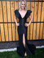 V-neck Black Satin Side Slit Long Mermaid Prom Dresses, Cheap Prom Dresses , PD0782