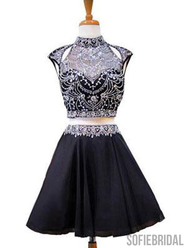 High Neck Beaded Short Two Piece Black Homecoming Dresses 2018, CM479