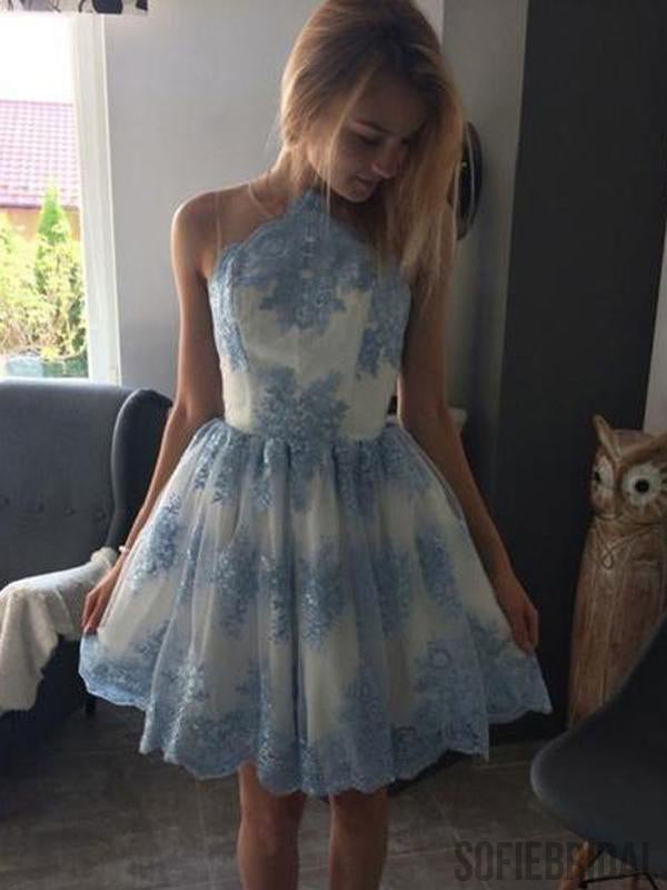 Blue Lace Scoop Neck See Through Cheap Homecoming Dresses 2018, CM414