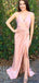 V-neck Blush Pink Side Slit Long Prom Dresses, Cheap Prom Dresses, PD0774