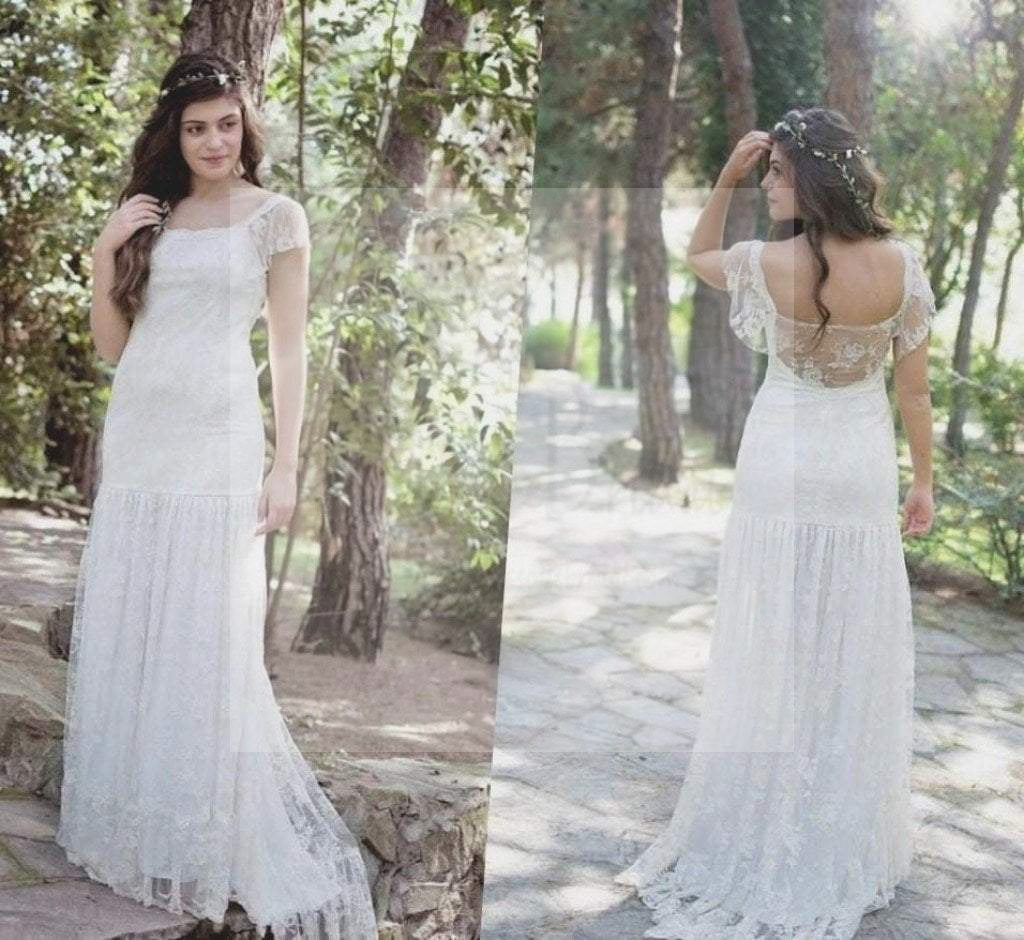 Cap Sleeve Lace Wedding Dresses, Boho Wedding Dresses, Long Wedding Dresses, WD400