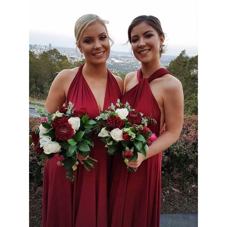 Halter Floor-length Deep V-neck Red Long Bridesmaid Dresses, BD1034