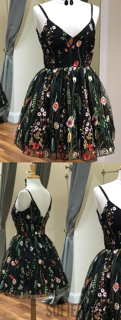 Popular Spaghetti Straps V-neck Embroidery Short Homecoming Dress, HD0136