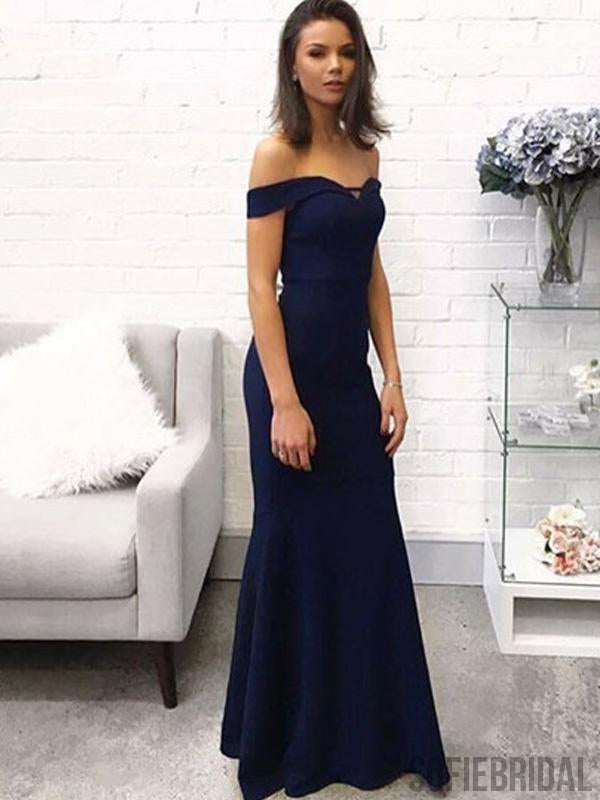 Off Shoulder Long Sheath Navy Bridesmaid Dresses, PD0929