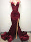 Sexy V-neck Long Mermaid Side Slit Satin Prom Dresses, PD0878