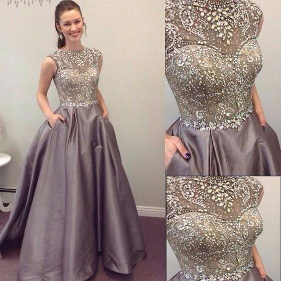 Round Neck Sleeveless Rhinestone A-line Satin Long Prom Dresses, PD0235