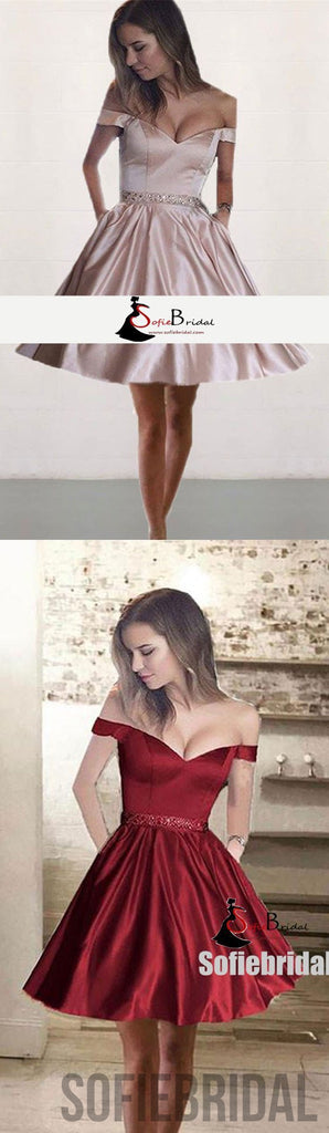 Off Shoulder Satin Homecoming Dresses, Beaded Short Prom Dresses, Homecoming Dresses, SF0099