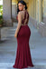 Long Sleeves Dark Red Lace Mermaid Jersey Prom Dresses, PD0982