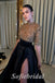 Elegant Sequin Top Satin Bottom High Neck Half Sleeves Side Slit A-Line Long Prom Dresses,SFPD0618