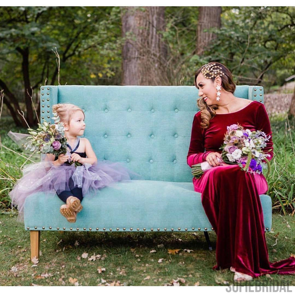 Sheath Long Sleeves V-back Long Burgundy Velvet Bridesmaid Dresses, BD1062