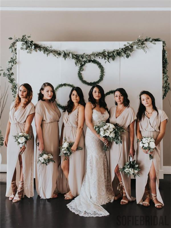 Sheath V-neck Short Sleeves Cheap Simple Long Bridesmaid Dresses With Split, BD1059