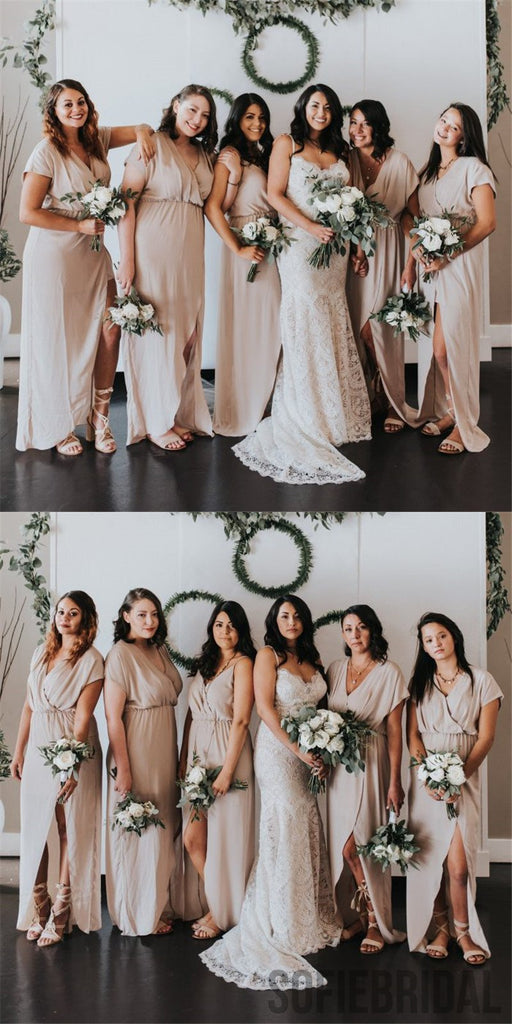 Sheath V-neck Short Sleeves Cheap Simple Long Bridesmaid Dresses With Split, BD1059