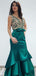 V-neck Emerald Green Satin Mermaid Beaded Prom Dresses, PD0917