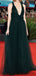 A-line Deep V-neck Backless Dark Green Long Tulle Prom Dresses, PD0027