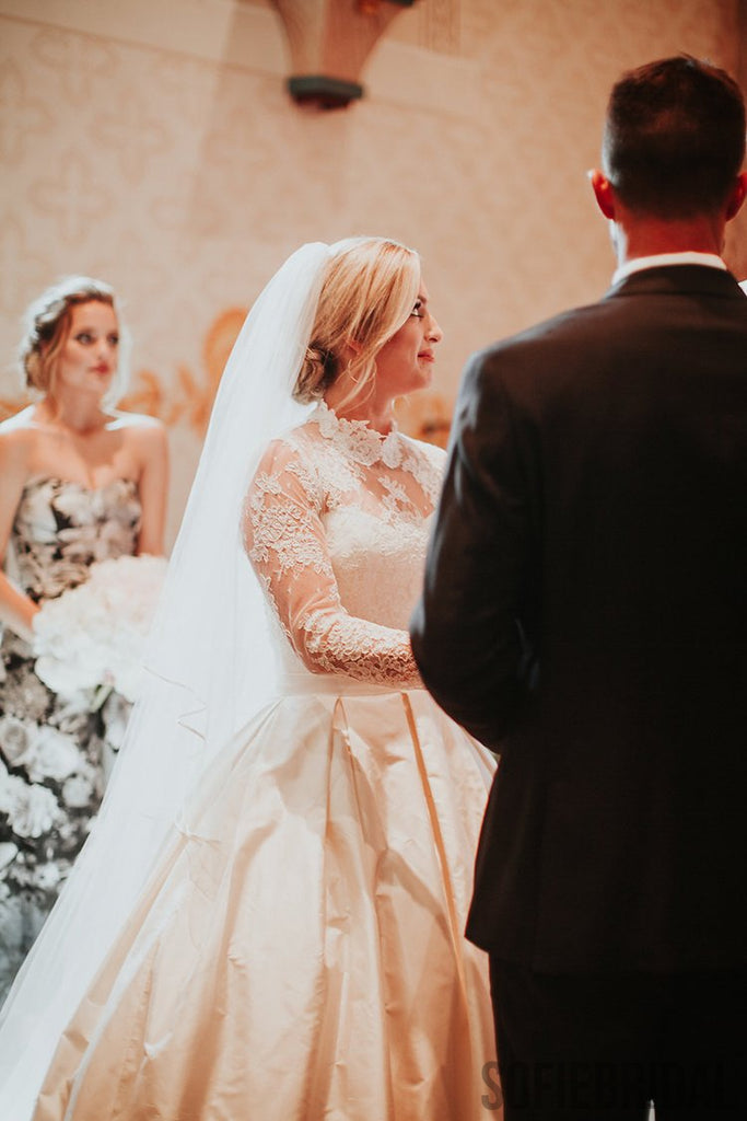 High Neck Long Sleeves Lace Satin Wedding Dresses, WD0288