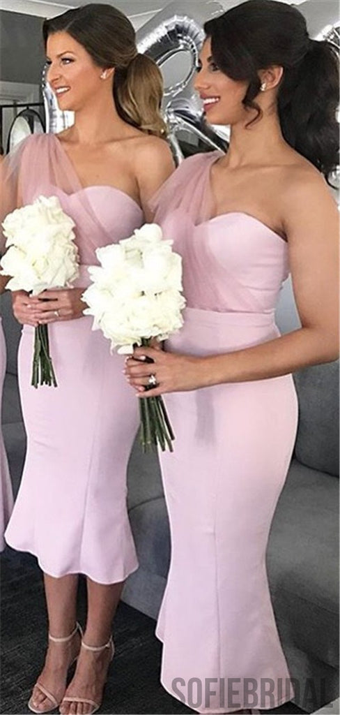 Mermaid One-shoulder Short Pink Bridesmaid Dresses, BD1065